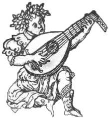 Woodcut of lutenist as play button