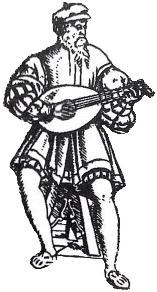 Woodcut of lutenist as play button