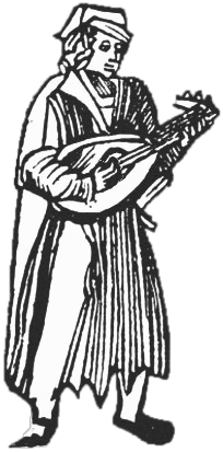 Woodcut of lutenist as play button