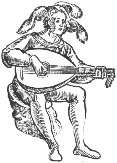 Woodcut of lutenist as play button